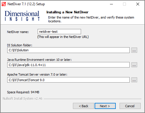 The Installing a New NetDiver window, asking to verify system locations.